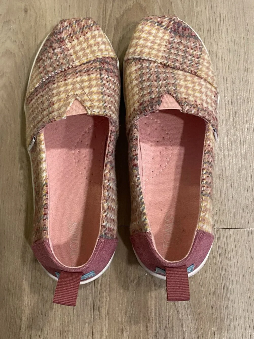 TOMS Kids Alpargata Slip On Shoes Pink Tweed Glitter Plaid Size 2.5
